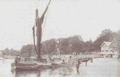 The Thames Barge “Jane Mead” delivering cement at The Albany (Kingston) wharf around 1895.