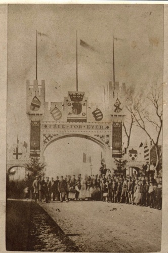 Celebrations on 12 March 1870 when the bridge was finally freed from tolls. A few days later, the toll gates were ceremonially burned at a massive party on Hampton Court Green.