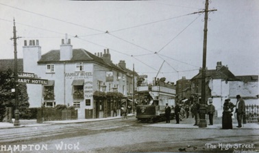 Trams ran from 1903 on a circular route from Twickenham via Teddington and Hampton Court. The White Hart was a major stop on the route.